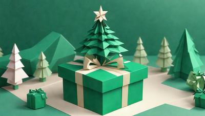 The primary subject of the image is a green Christmas tree, which is the main focus of the scene. The tree is placed on a green surface, which serves as the background. The visual style of the image is a combination of digital art and illustration, creating a festive and holiday atmosphere. The colors in the image are predominantly green, which is associated with the Christmas season.